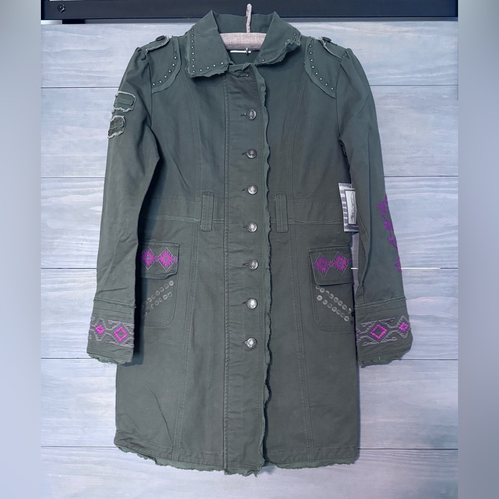 Tasha Polizzi Hamilton Embroidered Stud Embellished Green Cotton Duster Jacket S - Picture 2 of 7